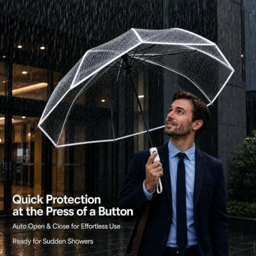 PAXQNVTR Compact Clear Umbrella, Auto Open Close Folding, Transparent, 8 Rib Tri Fold, Travel Rain Umbrella for Women and Men, White Trim (White) — view 6