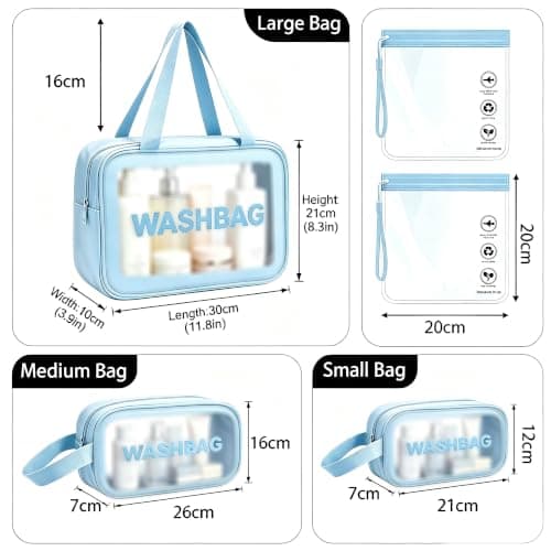 WUBAYI 5Pcs Clear Toiletry Bag, Waterproof PU Makeup Bag with Zipper Handle, Portable Airport Cosmetic Bag for Women & Men, Travel Accessories Wash Bag for Travelling & Holiday (5 Packs Blue) — view 2