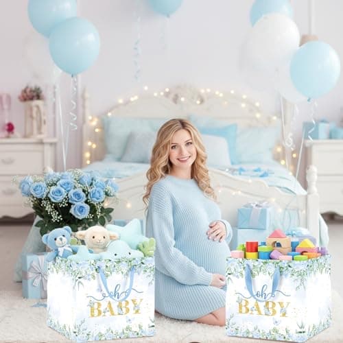Extra Large Baby Boy Gift Bag, Baby Shower Square Gift Bags Blue Floral Wrapping Paper Bag Oh Baby Jumbo Gift Bags for Boys New Parents Gender Reveal Party Favors — view 5