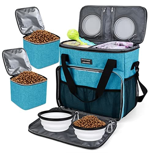 BAGLHER Dog Travel Bag, Pet Travel Bag (All Pet Travel Supplies), with 2 Pet Food Containers and 2 Collapsible Silicone Bowls; Essential Kits for Pet Travel Sky Blue