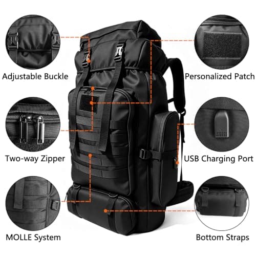 Vaupan Hiking Backpack, 80L/100L Camping Military Tactical Backpack with USB Charging Port, Waterproof Large Travel Daypack Outdoor Molle Rucksack for Men Women (Black-Upgraded 900D) — view 5
