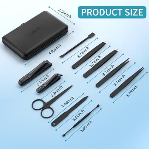 ESSBES Manicure Set 10 in 1 Stainless Steel Nail Clippers Scissors Tweezers Grooming Kit with Travel Case (Black) — view 2