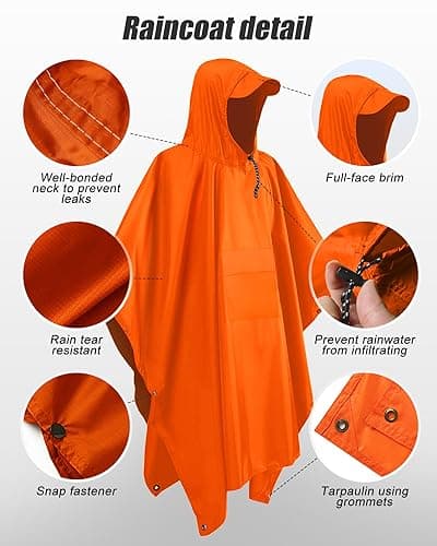Snowalva Festival Poncho Waterproof Adult Reusable Poncho Waterproof Adult Lightweight Breathable Durable Environmentally Friendly Raincoat with Brim for Hiking Camping Cycling Traveling Orange — view 4