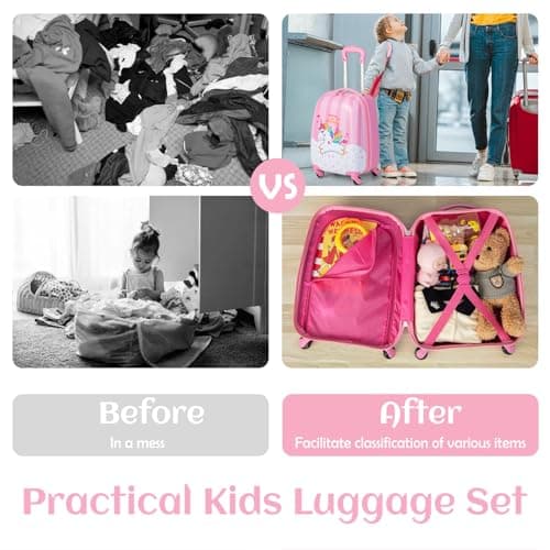 HOMFME 2 PCS Kids Luggage Set, Children Suitcase and Backpack Set with Adjustable Handle and Universal Wheels, Hard Shell Toddler Trolley Case for Travel School (12 + 16 Inch, Pink Unicorn) — view 4