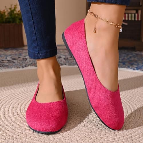 Suede Flat Shoes for Women Size 6 Ballerina Shoes Formal Casual Pumps Work Smart Office Comfort Ladies Ballet Flats Round Toe Shoe Hot Pink Gift — view 5