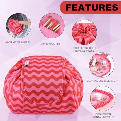 Vavabox Lazy Drawstring Makeup Bag, Flat Lay Cosmetic Bags (Red Wave) — view 5