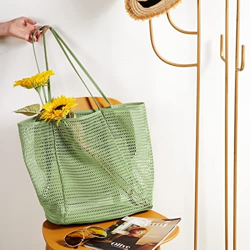 KALIDI Mesh Tote Bag,23L Beach Bag Extra Large Tote Bags for Women with Zip Pocket Shoulder Bag Summer Beach Bags Reusable Shopping Bag for Picnic Holiday Travel Grocery,green — view 3
