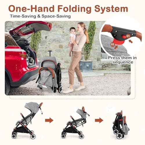 Foldable Baby Pushchair, Lightweight Toddler Travel Stroller for Airplane, Infant Pram with 5-Point Harness, Adjustable Backrest Footrest Canopy, Storage Basket (Grey) — view 5