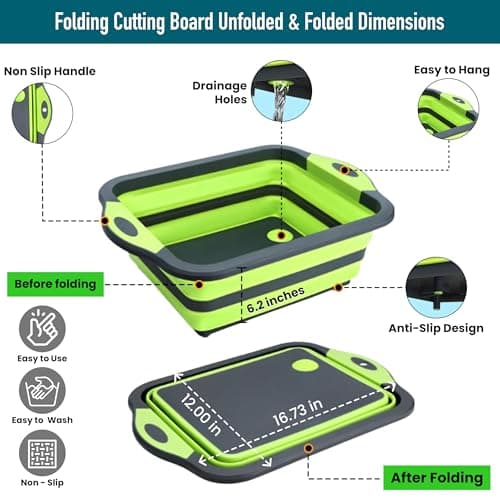 Collapsible Cutting Board with Drain for Camping Picnic BBQ Collapsible Sink Tub Dish Wash Basin Portable Dish Tub Foldable Dishpan for Home Kitchen — view 2