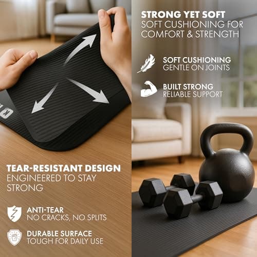 KAYMAN Exercise Yoga Mat Non Slip - Black, 183 x 60 cm, Training & Workout Mats for Yoga, Pilates, Gymnastics, Stretching & Meditation, Eco Friendly Exercise Mat for Home with Carrying Straps — view 3