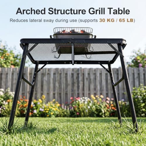 BBQ Side Table, 60 x 40 cm Metal Folding Camping Table, Lightweight Outdoor Table with Mesh Top, Adjustable Height 26/47/65 cm, Portable Garden Table for Barbecue, Picnic, Fishing, Camping Cooking — view 3
