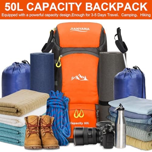 jianyana Hiking Backpack Waterproof 50L Foldable Rucksack Durable Lightweight Camping Bag with Rain Cover for Camping Trekking Hiking Walking Cycling Climbing Outdoor Sports for Women Men Orange — view 3