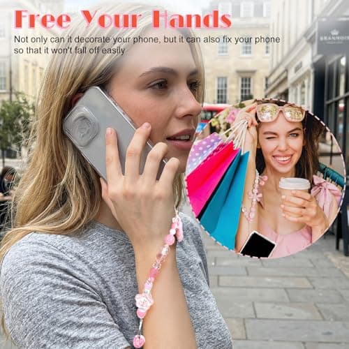 Ouligay Cherry Phone Charm Strap Cute Camera Charm Strap Beaded Camera Strap Wrist Pink Phone Chain for Bag Case Bags Pendants Decor Chains Valentine's Day Gifts for Woman Girls — view 6