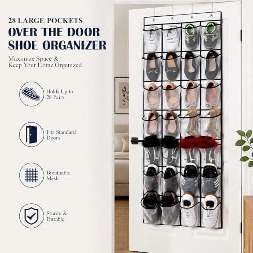 EVTHUR Over Door Shoe Storage Organiser 28 Large Mesh Pockets Hanging Shoe Rack Holder with 4 Hooks, Back of Wardrobe Door Storage Tidy for Shoes & Small Items (White) — view 4