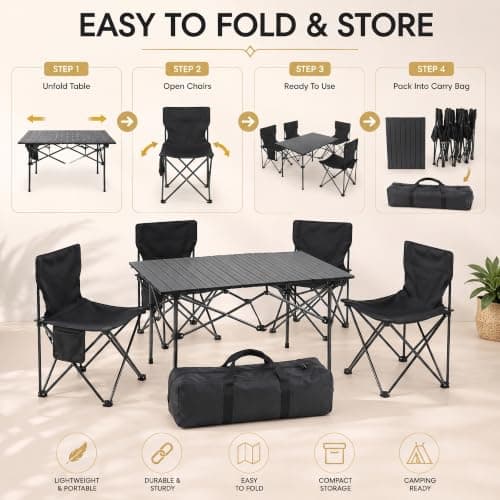 HomlyPro Folding Camping Table and Chairs, Set of 4 - Lightweight and Durable, Garden Table and Chairs with Carry Bag for Indoor & Outdoor Use, Ideal for Picnic & Garden (Black) — view 5