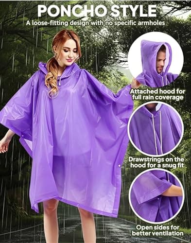 Rain Ponchos for Adults, Emergency Use, 2 Pack, Reusable, Hooded, Purple — view 3