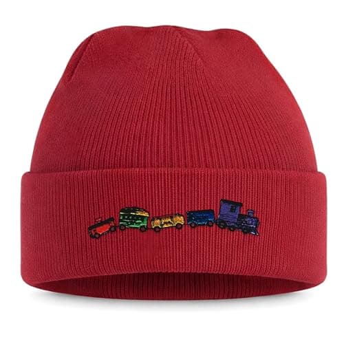 Purple Print House Embroidered Train Kids Beanie Hat - Train and Carriages Design Winter Knit Beanie for Toddler Boys School Travel, One Size, Red