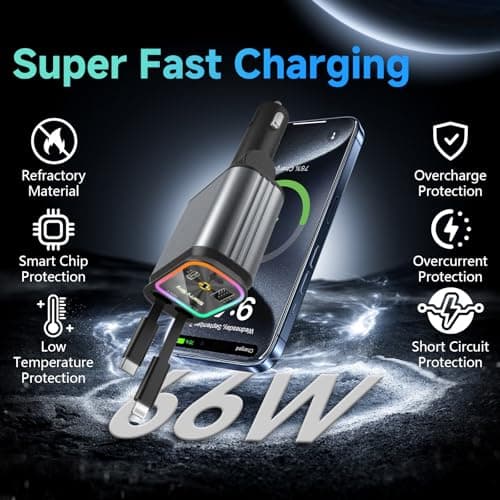 4 in 1 Car Charger Retractable 66W Fast USB C Car with Starry Sky Light 180° Adjustable Car Charger Compatible for iPhone 15/14/13/12 Galaxy S24/S23 Android Devices–Cars,SUVs,RVs,Trucks — view 4