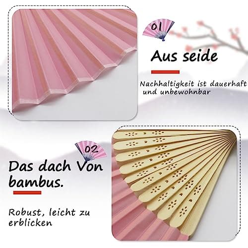 Grantop 4 Pcs Black Folding Hand Fan, Silk Fabric Bamboo Ribs Handheld Fan, Folding Chinese Fan for Wedding Christmas Party Prom Festival DIY Home Decorations (Pink) — view 4