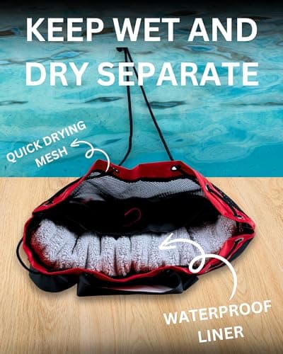 JIMJOOS Drawstring Mesh Swimming Bag - 25L Waterproof Swim Bag with Wet/Dry Compartment, Multifunctional Sports Backpack for Kids, Adults, Swimming, Surfing, Beach, Gym (RED) — view 2