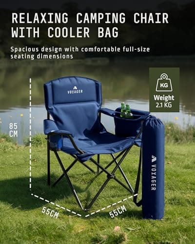 Voyager Folding Camping Chairs 2 Pack with Cooler Bag, Lightweight Q195 Steel Frame, 600D Oxford Fabric, Portable & Comfortable - Navy — view 2