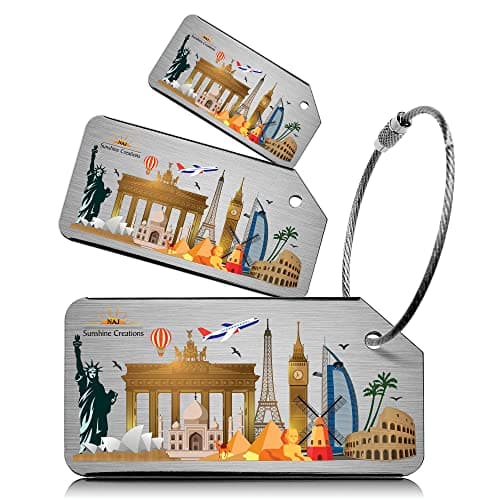 NAJ Luggage Tags 3 Pcs, Luggage Labels for Suitcase, Brushed Aluminum Alloy Travel Accessories with World Skyline Design Name ID Labels for Small & Large Suitcase, (Skyline Pack-3)