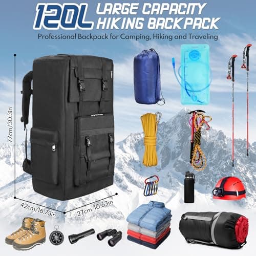120L Hiking Camping Backpack Men Women Waterproof Large Capacity Hiking Rucksack Travel Backpack Outdoor Sport Travel Daypack Bag Molle Rucksack for Camping Hunting Travelling Trekking Climbing — view 2
