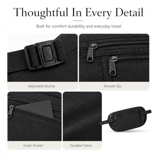 Travel Money Belt, Slim Black Passport Pouch, 2 Zip Compartments, 1-Piece — view 5
