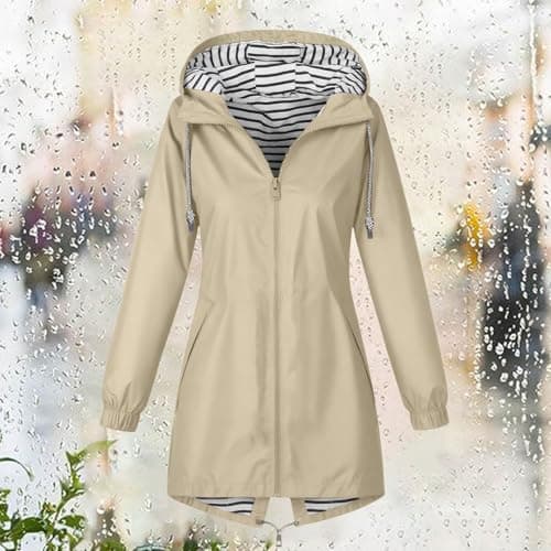 Saxrel Thin Raincoat Women Packable Waterproof Jacket Stripe Print Lined Windproof And Rainproof Hiking Zip Up Hoodie Hooded Rain Coat Pocket Windbreaker Beige Ladies Lightweight Jackets Ladies Coat — view 3