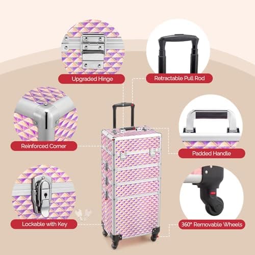Bonnlo 4 in 1 Rolling Makeup Train Case, Aluminum Makeup Travel Organizer Cosmetic Case, Cosmetology Display Suitcase on Wheels, Beauty Storage Luggage Lockable w/4 Removable Wheels - Pink — view 3