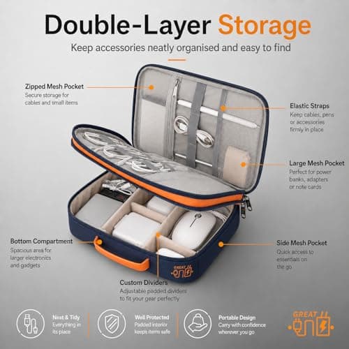 FAVORTALK Cable Organiser Bag Travel Portable Electronics Accessories Storage Bags with Removable Bulkhead for Gadgets Cables Charger Adapter Power Bank Hard Disk 24.5×29×10cm, Navy Blue B21606 — view 2