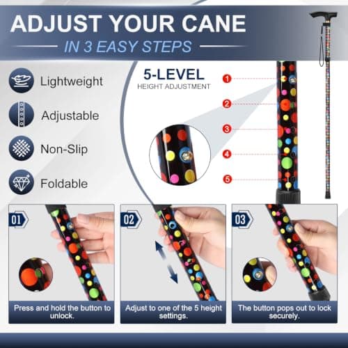 supregear Walking Stick - Adjustable Folding Walking Sticks for Women and Men - Lightweight Portable Collapsible Balancing Aid - Foldable Travel Cane for Ladies Elderly Adults, Black Polka Dots — view 3