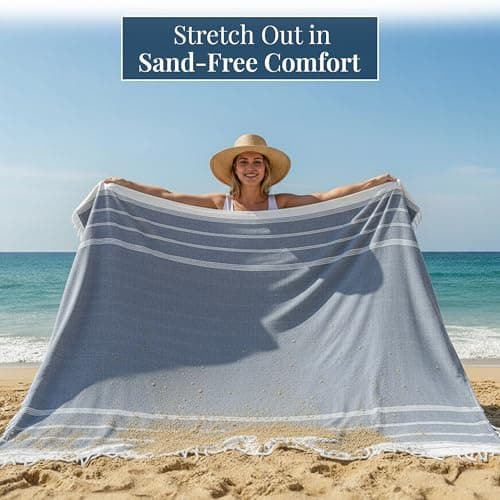 LANE LINEN Big Beach Blanket XL – Turkish Cotton Oversized Quick Dry Towel – XXL Sand Free 208x208 cm Towel for Camping, Travel, Beach, and Picnic Essentials - Navy Blazer — view 3