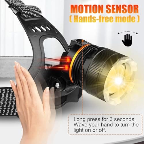 Head Torch Rechargeable,Super Bright 50000LM 6 Modes LED Headlight with Red Warning Light Motion Sensor,5200mAh USB Rechargeable Waterproof Adjustable Headlamp for Camping Running Fishing Outdoor — view 4