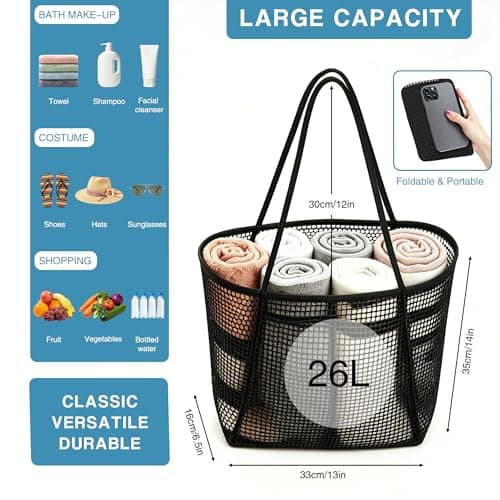 Poeruse Beach Mesh Tote Bag, Beach Bags for Women with Zip, 26L Mesh Handbags, Travel Shopping Handbag for Holiday (Black) — view 3