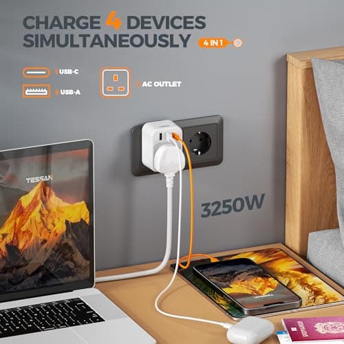 TESSAN UK to European Plug Adapter 2 Pack, Type E F EU Plug with USB C — view 4