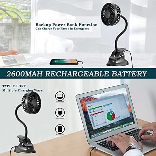Clip On USB Mini Desk Fan with Emergency Power Bank, Battery Operated Rechargeable Portable Fan - Flexible Neck, 3 Speed Personal Cooling for Baby Stroller, Car, Camping, Office, Dorm, Beach - Black — view 4