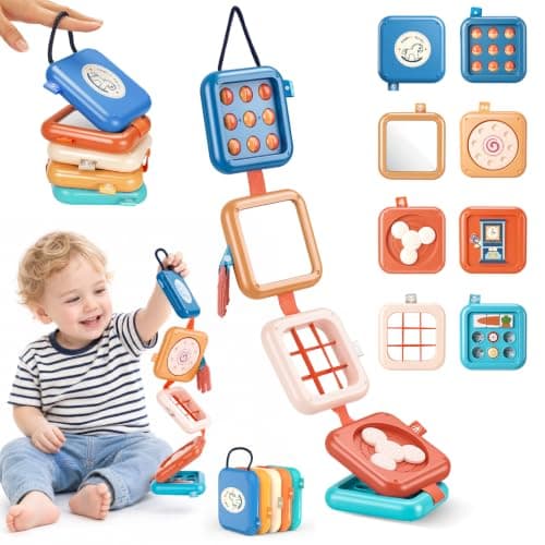 OSLINE Baby Montessori Toy for 1 Year Old,Toddler Travel Toys for 1 2 Year Old, Plane Busy Book Activity Cube Toys Birthday Gifts for Boy & girl,9 in 1 Baby Busy Board Toy