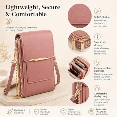 WstaIutno Women's Touch Screen Mobile Phone Messenger Bag, Touchscreen Crossbody Phone Wallet, Anti-Theft Leather Bag with Blocking Card Slots (Beige) — view 4