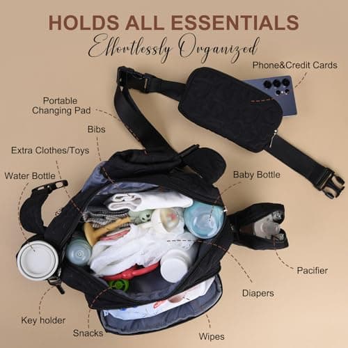 Rexmore Puffer Quilted Fanny Pack Diaper Bag for Mom - Women‘s Compact Crossbody Purse with Portable Changing Pad & Wipes Pouch, Travel & Quick Errand Baby Essentials Organizer, Black, 11 x 3.15 x — view 5