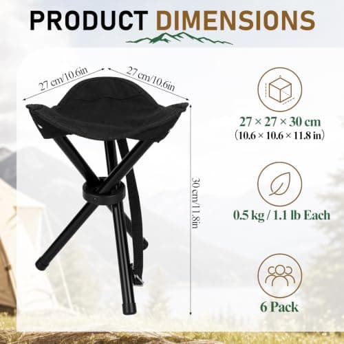Karenhi 6 Pack Travel Folding Camping Stool, Lightweight Outdoor Tripod Chair Heavy Duty Portable Three Legged Seats for Travel Fishing Hiking Tailgating, Premium 600d Oxford Fabric, Black — view 3