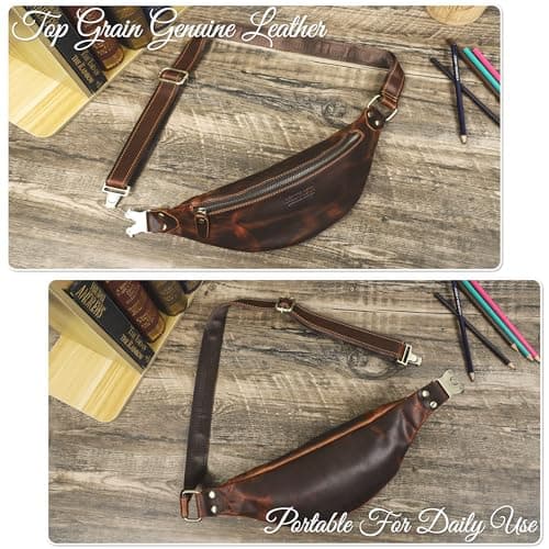 Top Grain Genuine Leather Customizable Slim Waist Pack for Man & Woman, Minimalist Vintage Design, Handmade with Detachable Hardware, Slim Fanny Pack Small Crossbody Belt Bag for Traveling or Riding — view 3