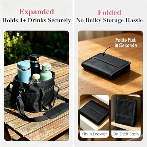 Family Size 4 Compartment Insulated Drink Storage Bag, Multi-Cup Water Bottle Bag Carrier Caddy with Adjustable Shoulder Strap | Hands Free, Reusable for Travel, Picnic, Family Outings (Black) — view 4