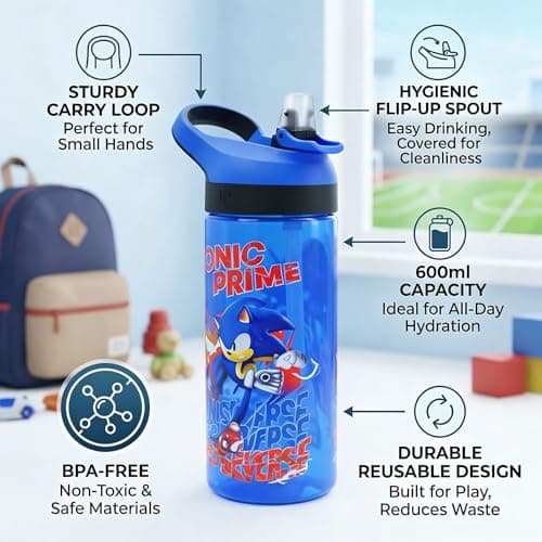 HOX SONIC PRIME Reusable BPA free Kids Atlantic Water Hydration Bottle with built in Carry Loop, Flip Up Spout and removeable straw - 600ml, Blue — view 6