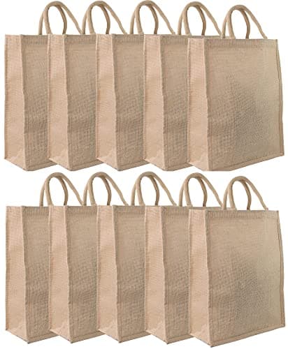 DIVCHI Eco-friendly 10 Pack Jute Shopper Bags with Handles - Reusable Tote Shopping & Storage Handbag Carrier for Picnic, Shopping, Beach & Gifts (46cm x 35cm x 18cm)