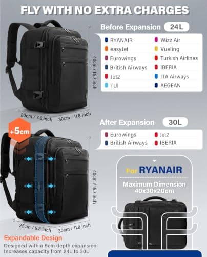VANKEV 40x30x20 Expandable Ryanair EasyJet Eurowings Wizz Air Cabin Bag — view 2