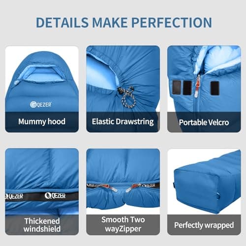 QEZER Winter Sleeping Bag for Adults, Lightweight Down Sleeping Bag -20 Degree C for Cold Weather Camping and Mountaineering Outdoor with 660 FP Duck Down (Blue, 1500g down) — view 5