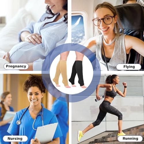 Sahunfri 2 Pairs Open Toe Compression Socks Women Men, 20-30 mmHg Flight Compression Socks for Women, Toeless Pressure Socks for Calf Support(UK, Alpha, L, XL, Regular, Regular, Nude&Black) — view 5