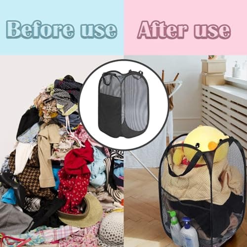 Tyrzol Large Washing Basket Collapsible Mesh Collapsible Washing Basket Pop up Laundry Hamper Basket with Side Pocket Laundry Hampers Mesh Laundry Baskets with Handles for Bathroom College Dorm Black — view 4