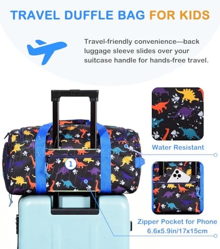 Overnight Bag for Kids, VASCHY Large Capacity Travel Duffle Bag for Boys Lightweight Holdall Bag Weekender Bag with Shoes and Seperated Dry Wet Compartment for School, Dance, Sport(Blue Dinosaur) — view 5